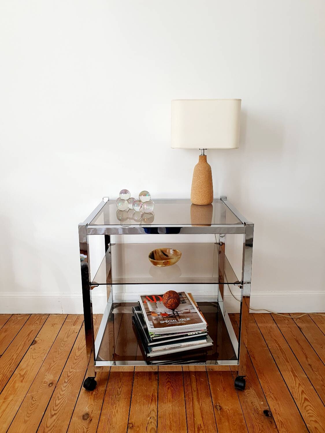 Serving cart in chromed metal and smoked glass, 1980s