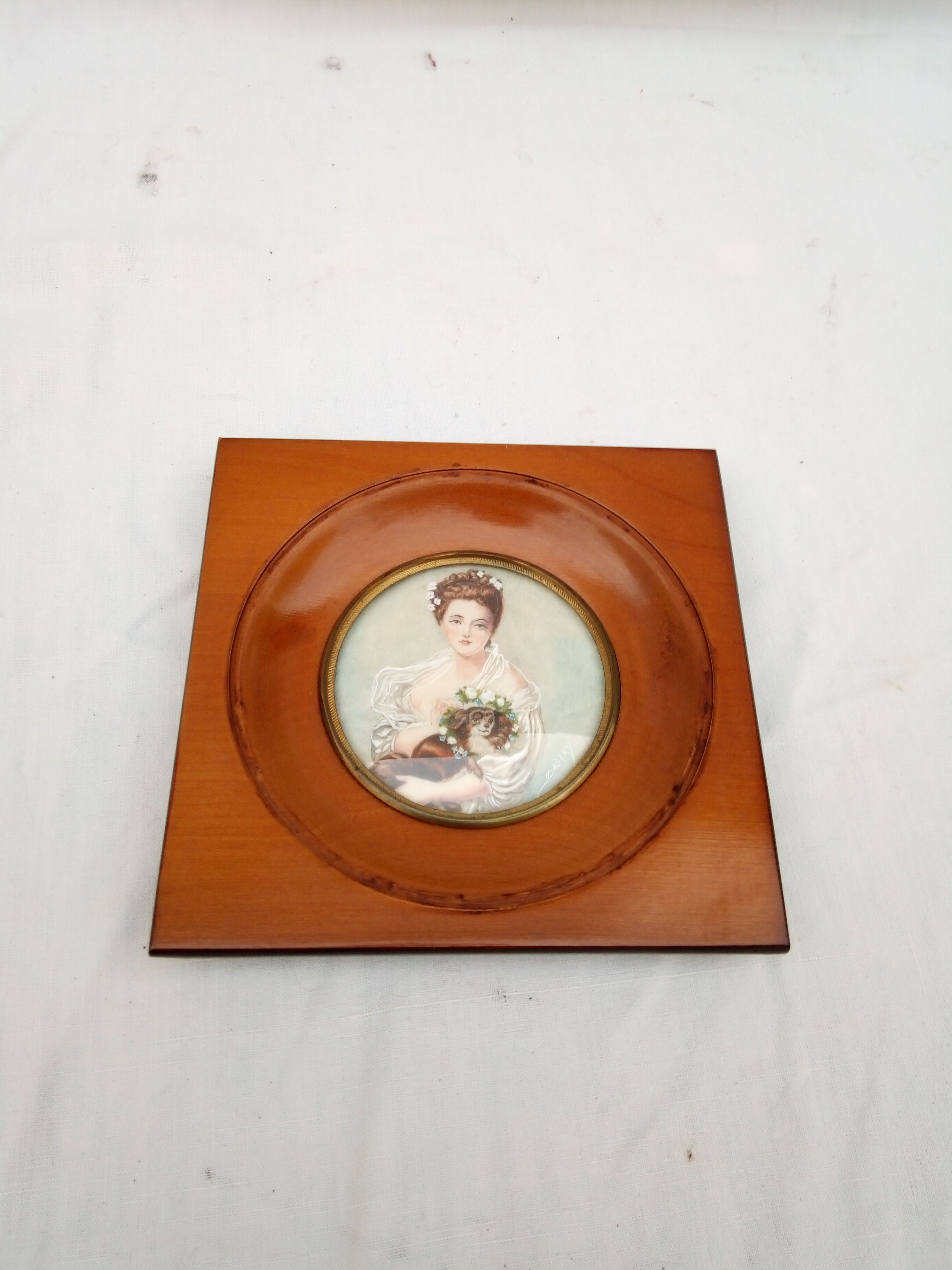 miniature painting. Young girl with dog. Signed Dallery.