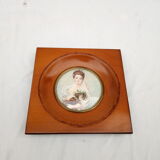 miniature painting. Young girl with dog. Signed Dallery.