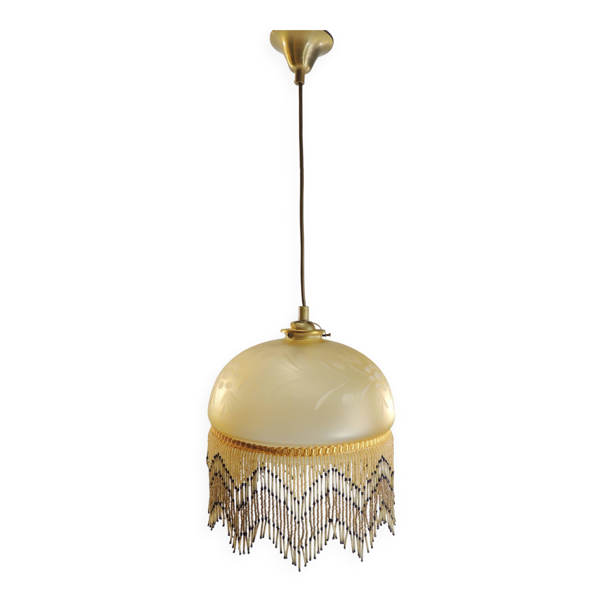 Vintage frosted glass pendant light with beaded fringes - Art Deco lamp
