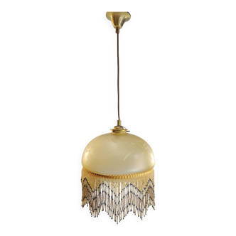 Vintage frosted glass pendant light with beaded fringes - Art Deco lamp