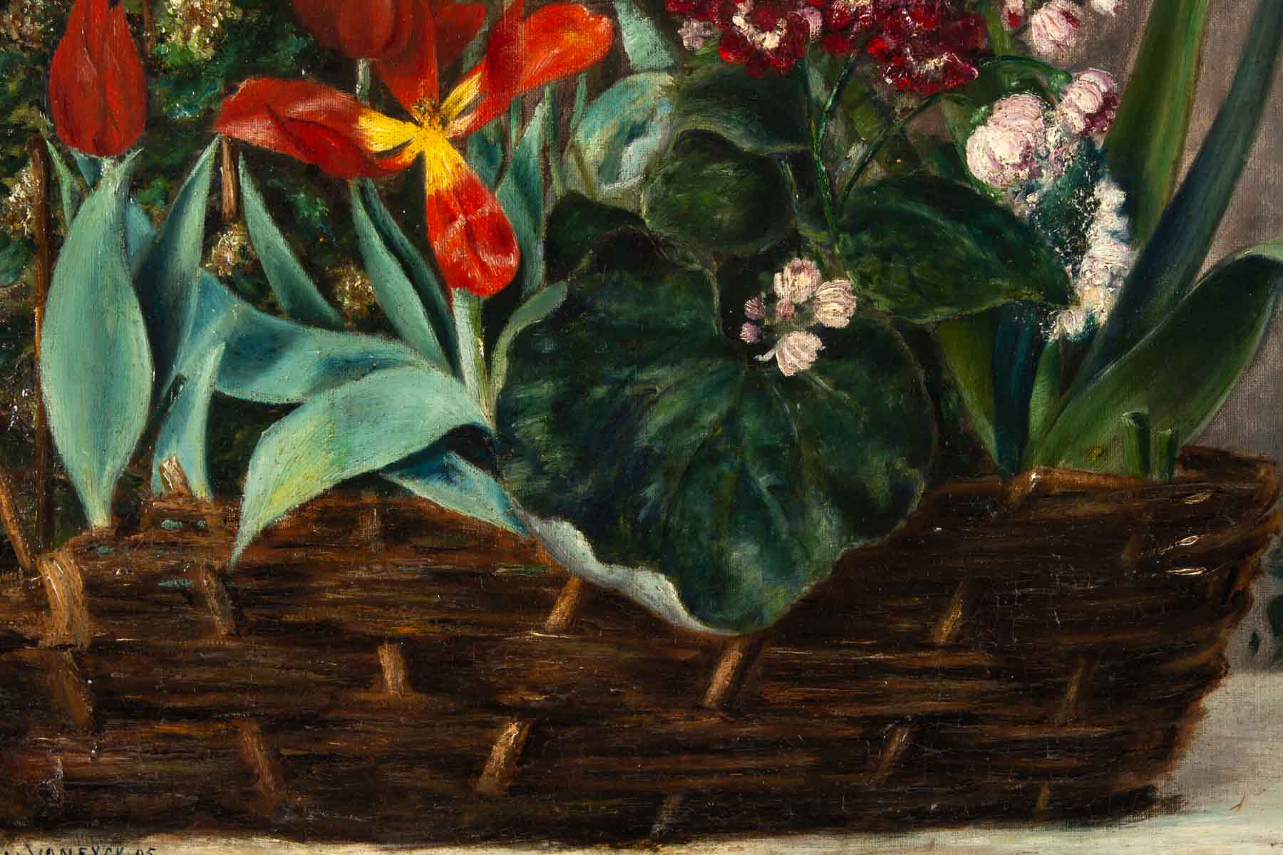 Floral composition in basket by H. Vaneyck- dated 1895