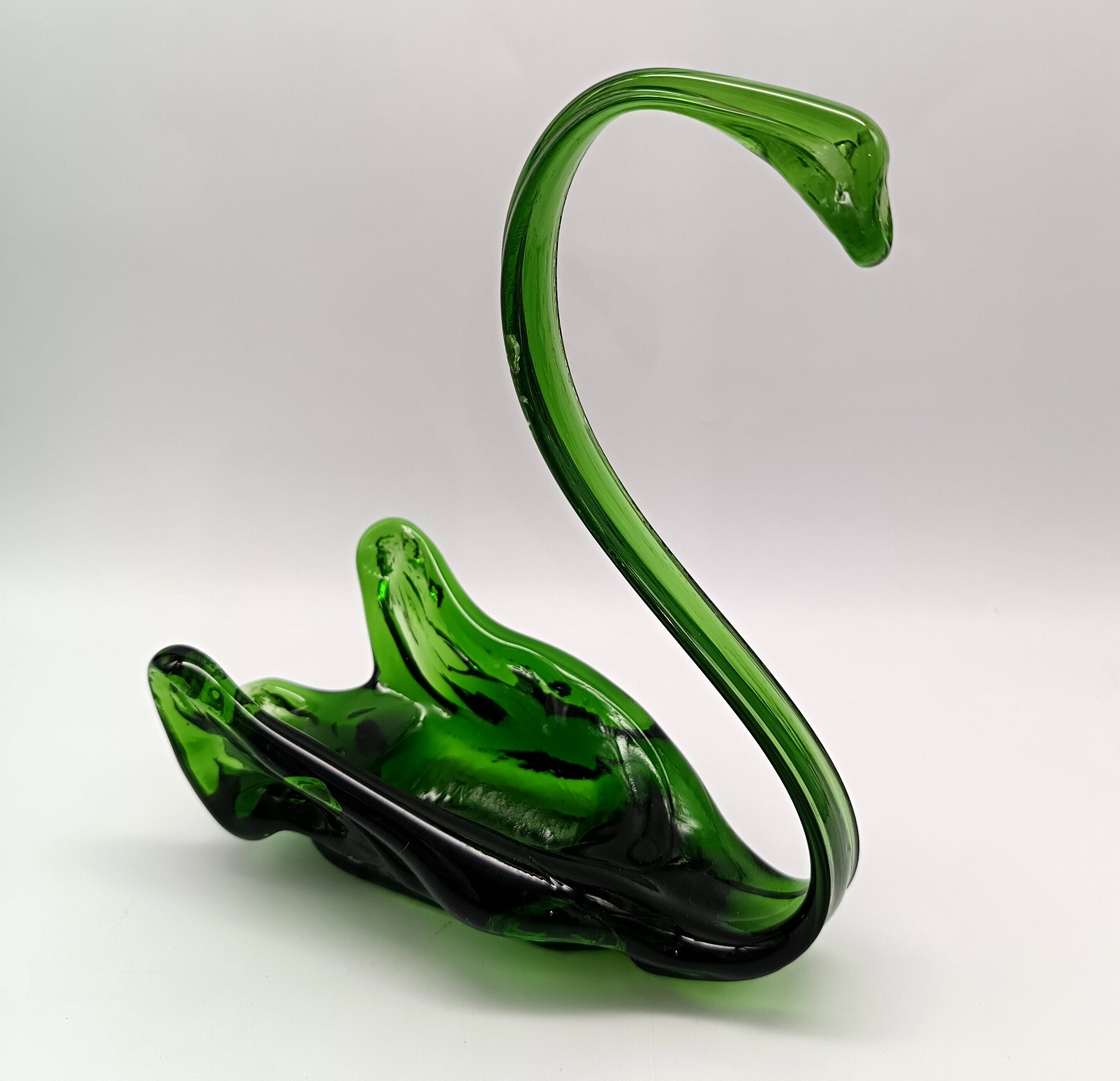 2 vintage glass SWANS, handcrafted, bottle green, early 20th century