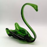 2 vintage glass SWANS, handcrafted, bottle green, early 20th century