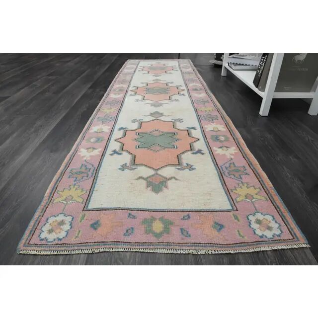 1970s Vintage Turkish Oushak Handmade Wool Cotton Orange Pink Rug  81x270