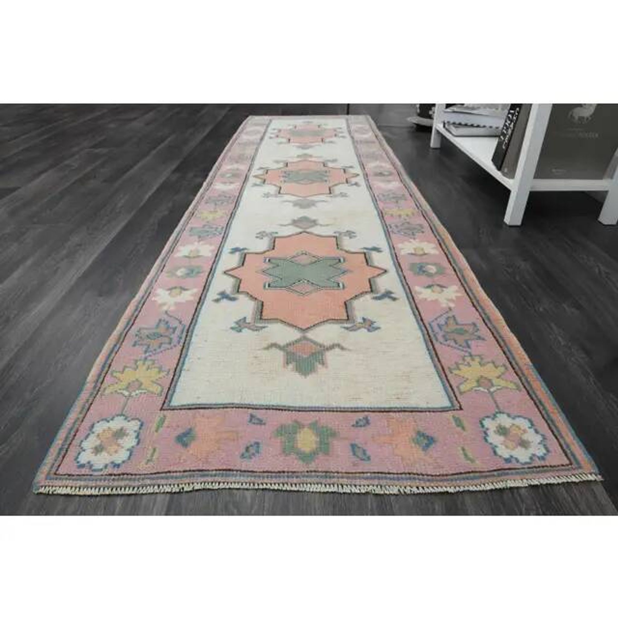 1970s Vintage Turkish Oushak Handmade Wool Cotton Orange Pink Rug  81x270