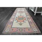 1970s Vintage Turkish Oushak Handmade Wool Cotton Orange Pink Rug  81x270