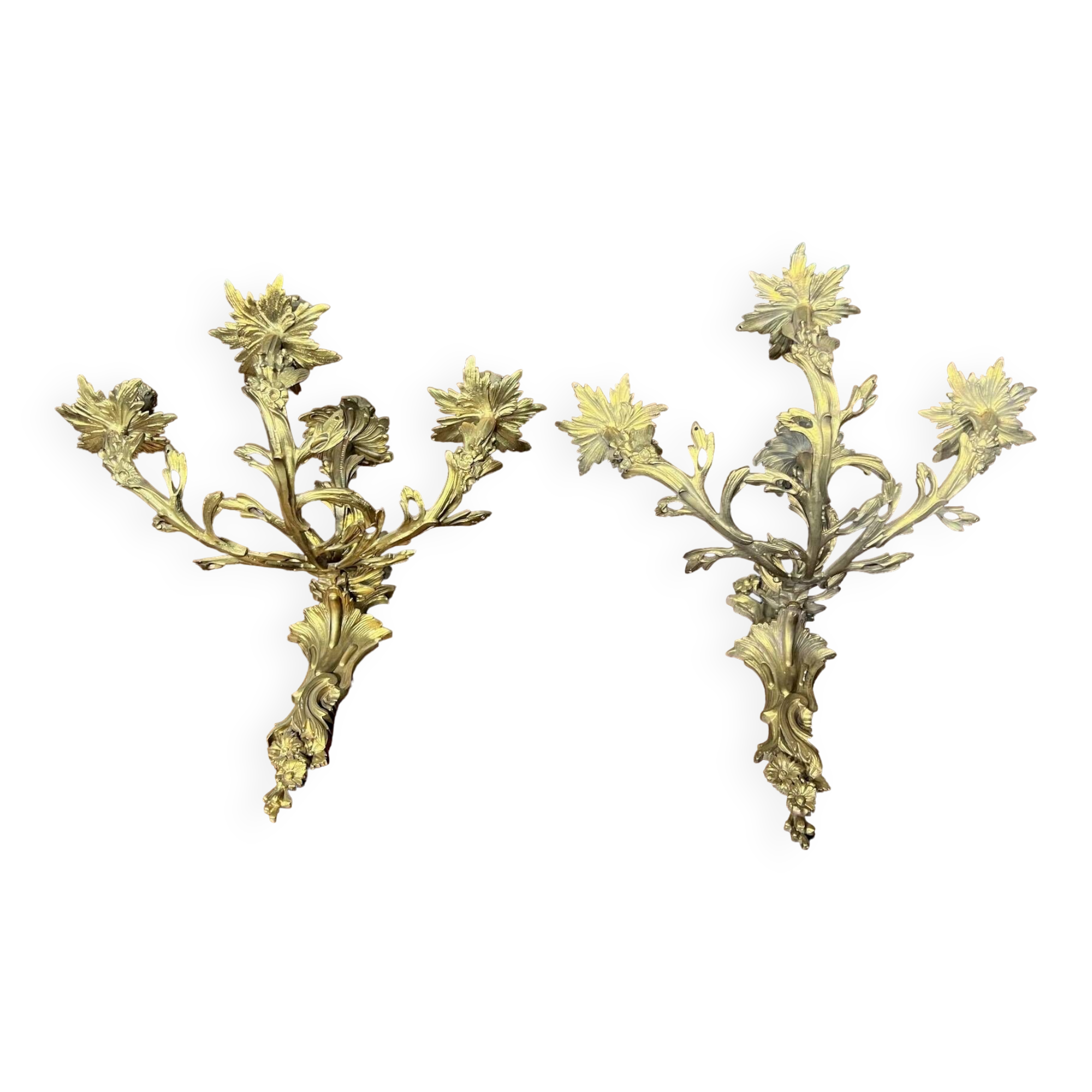 Rococo style wall candle holders. Solid gilded bronze.