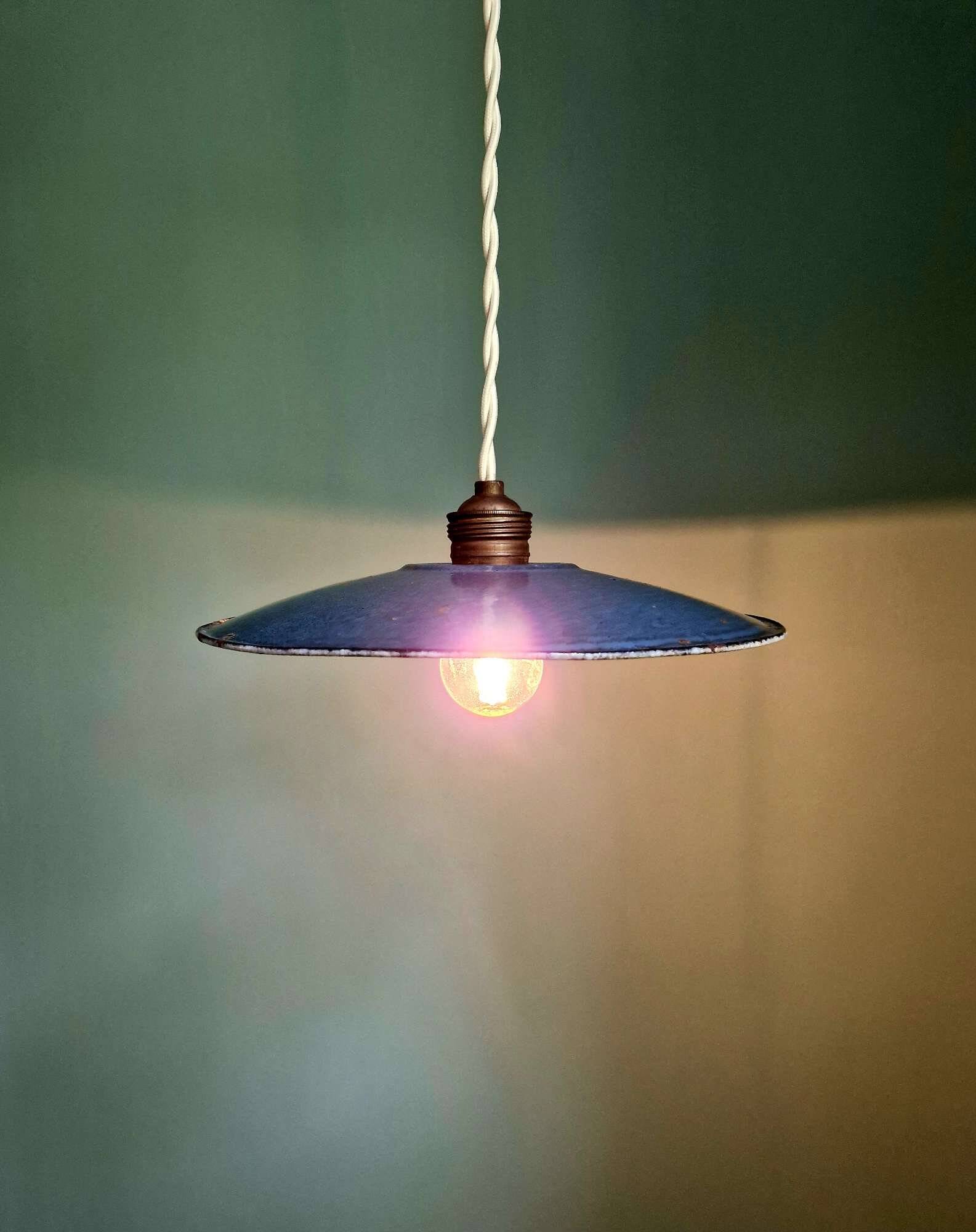 Old industrial pendant light in blue/grey enamelled sheet metal