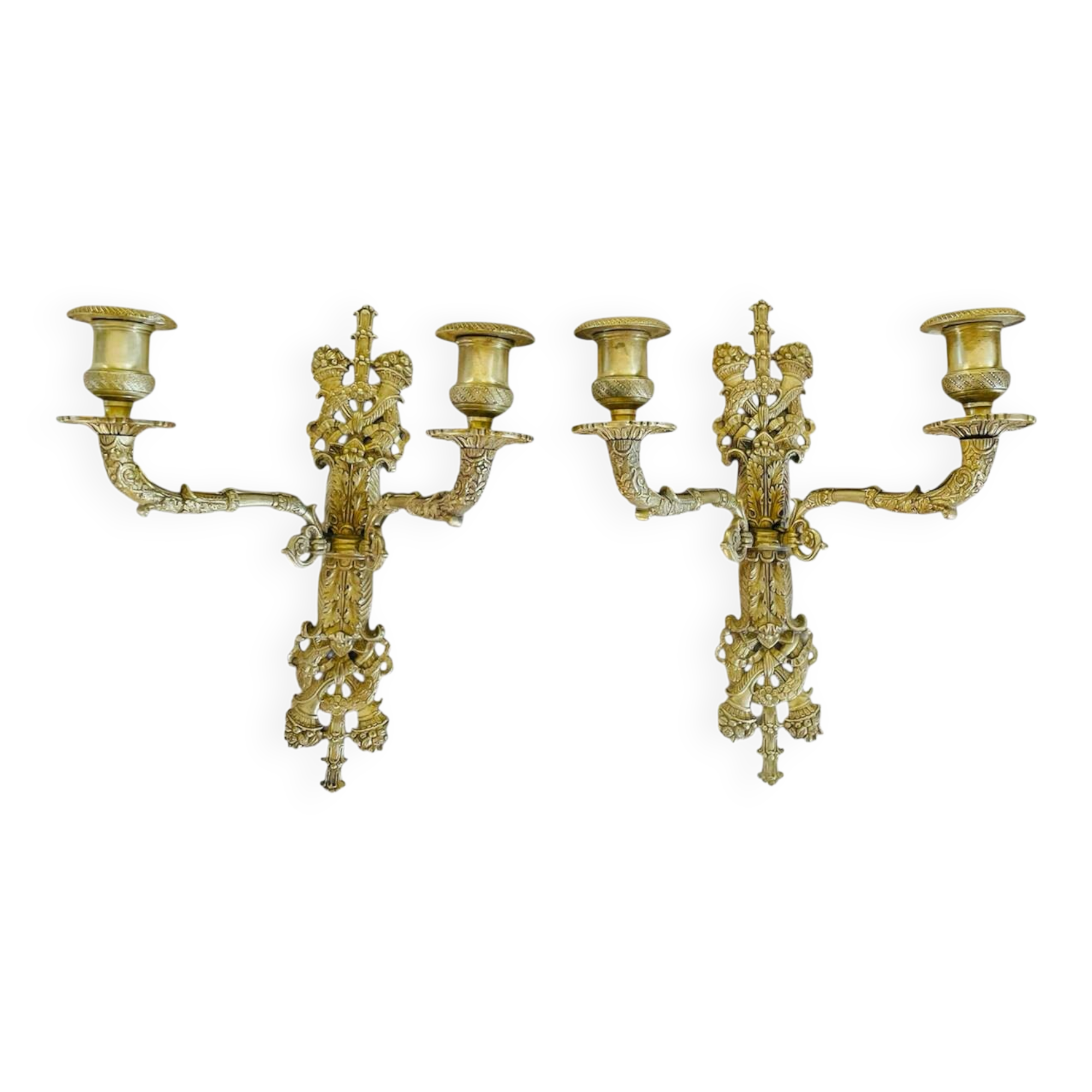 Pair of antique wall sconces in bronze - Louis XVI style / Saying