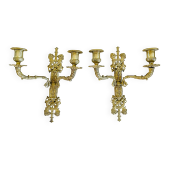 Pair of antique wall sconces in bronze - Louis XVI style / Saying