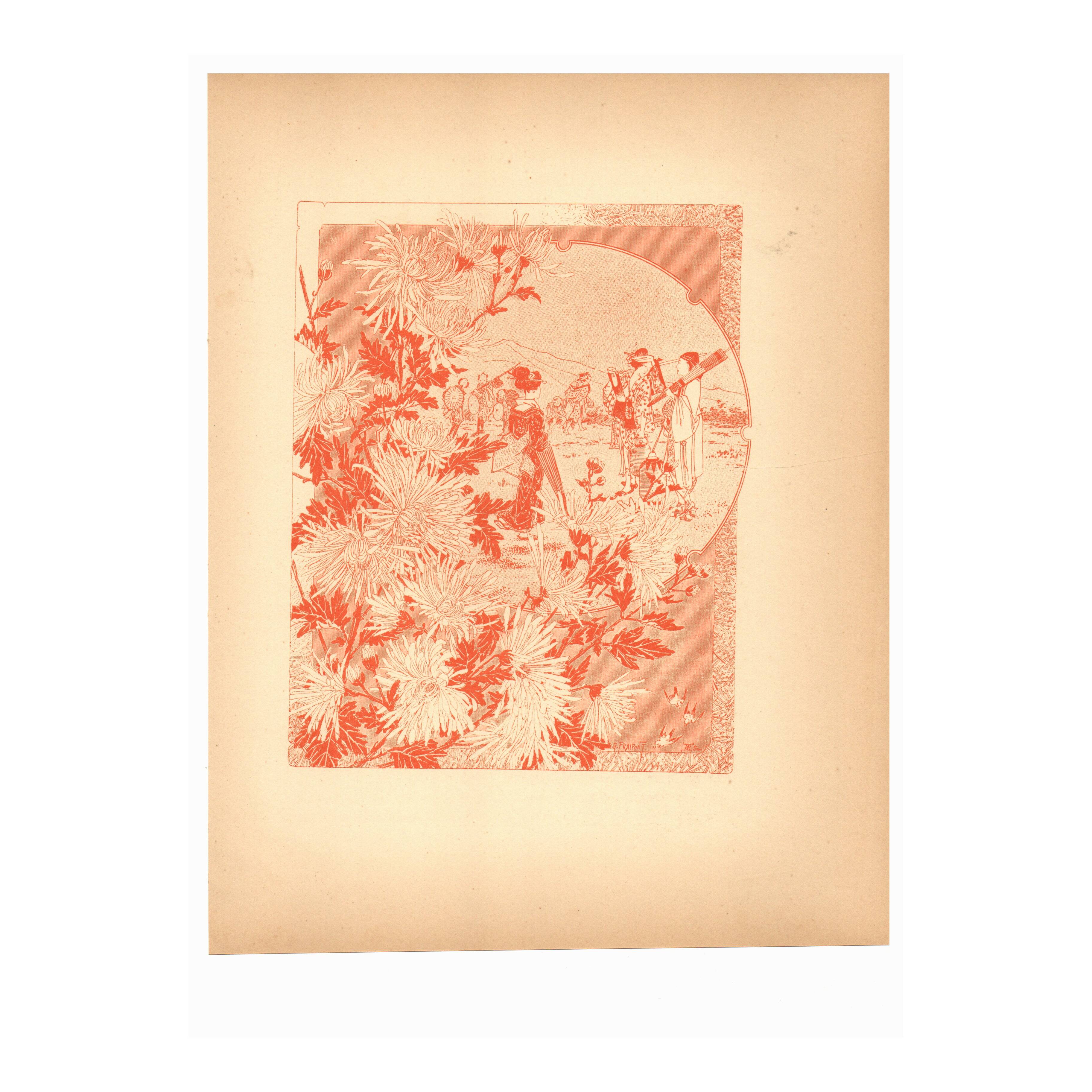 Art Nouveau engraving 1896 - Chrysanthemums and Japanese scene by G. Fraipont