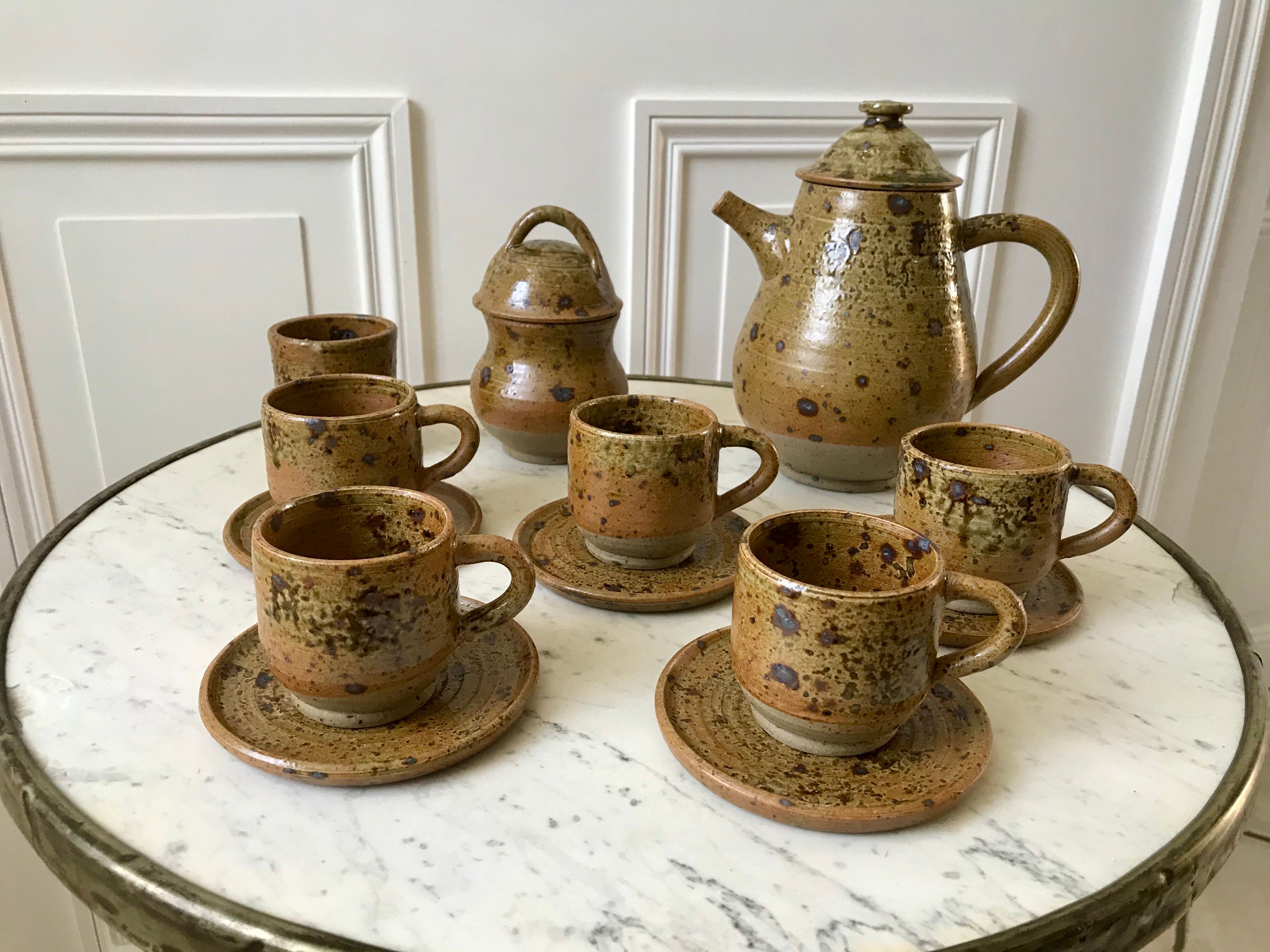 coffee service 6 cups and saucers, teapot and sugar bowl in ceramic / pottery / stoneware years 50-6