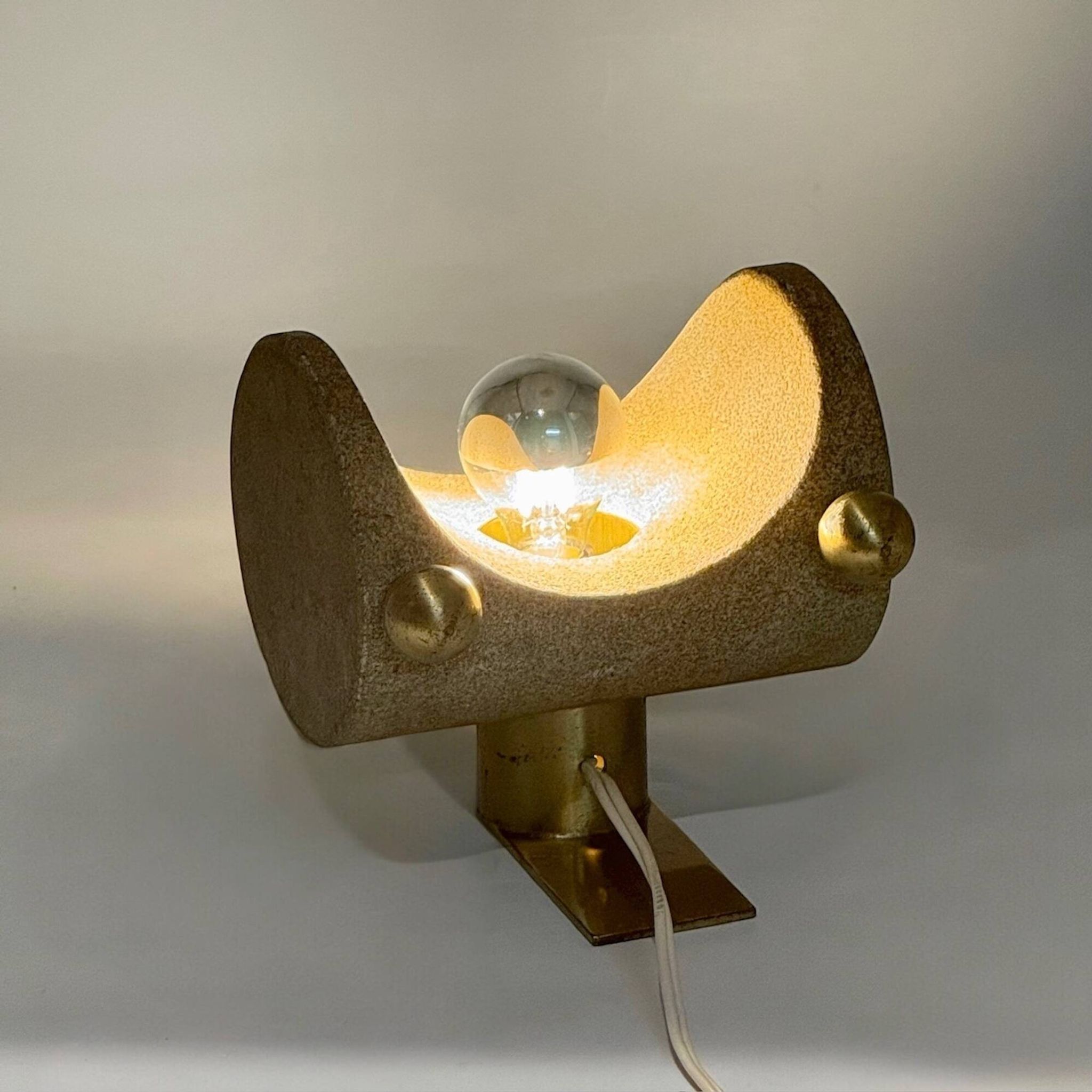 Brutalist Italian Light in Stone and Brass – 1970s Table Lamp