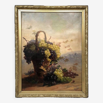 Nature-morte au panier de raisins, huile sur toile XIXe signée G. Debat