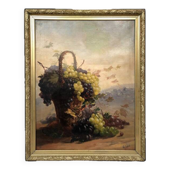 Nature-morte au panier de raisins, huile sur toile XIXe signée G. Debat