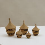 Set of 5 vintage tutsi rwanda rattan decorative lidded pots 1970s