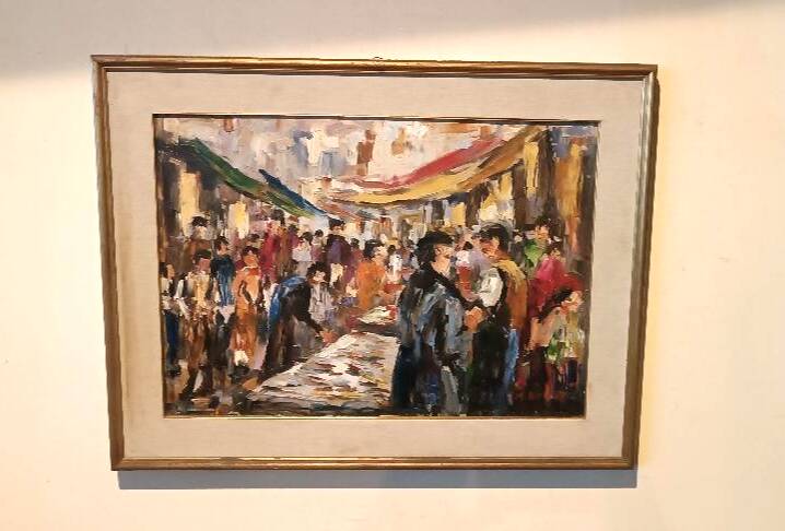 Oil painting on canvas "fish market" 70s canvas 70x50 cm signed