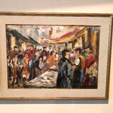 Oil painting on canvas "fish market" 70s canvas 70x50 cm signed