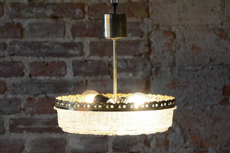 Mid-Century Chandelier in Glass and Brass attributed to Kamenický Šenov, Czech, 1960s
