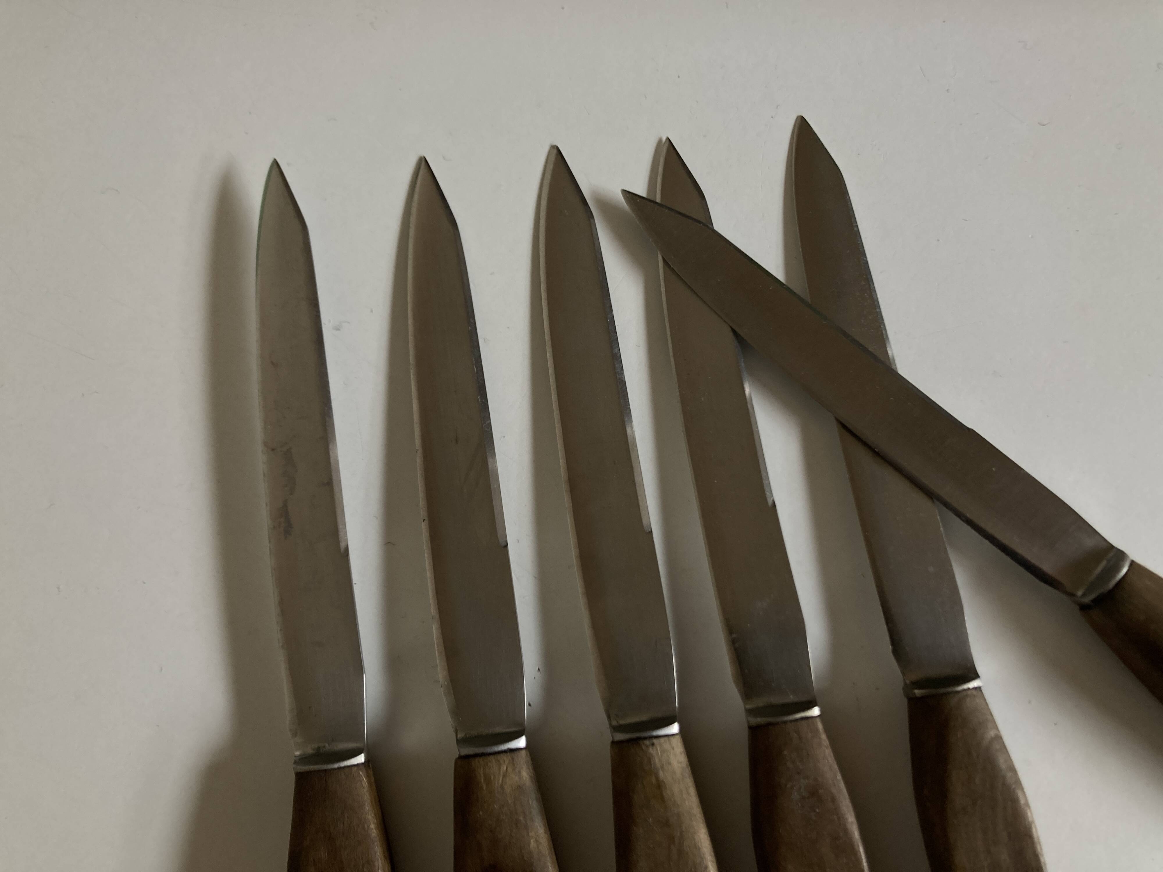 Set of 6 Scandinavian table knives, stainless steel blade, teak handle.