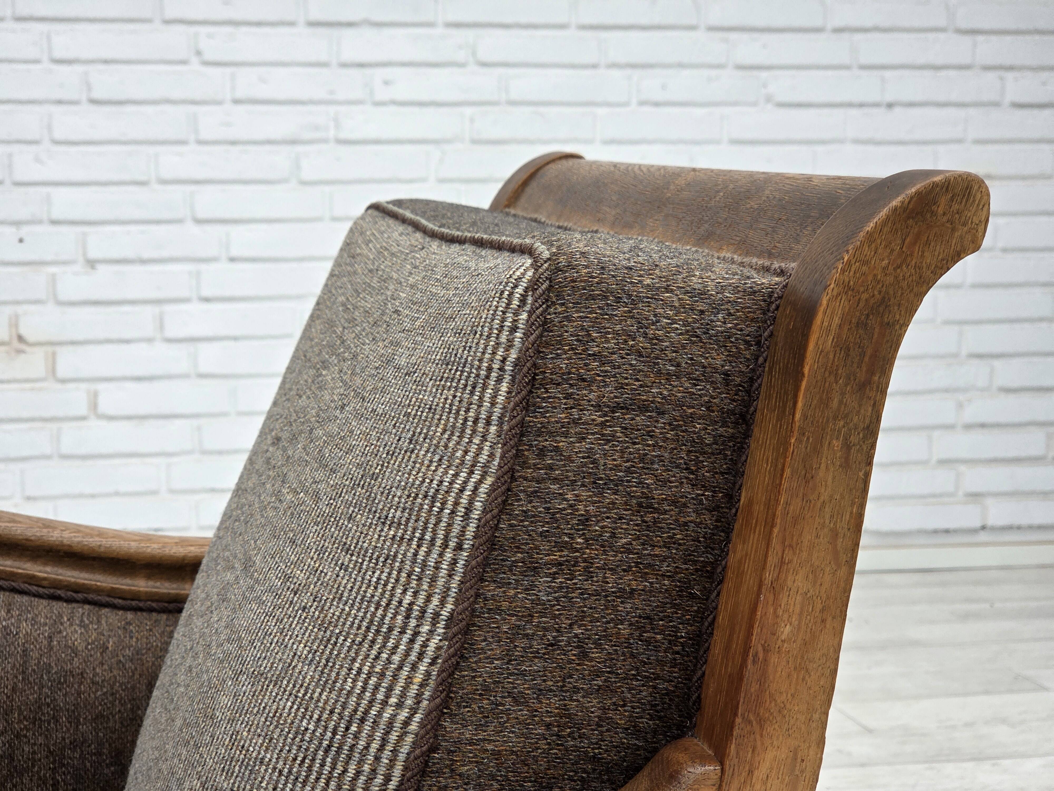 1950s, Danish armchair, furniture wool, solid carved oak wood.