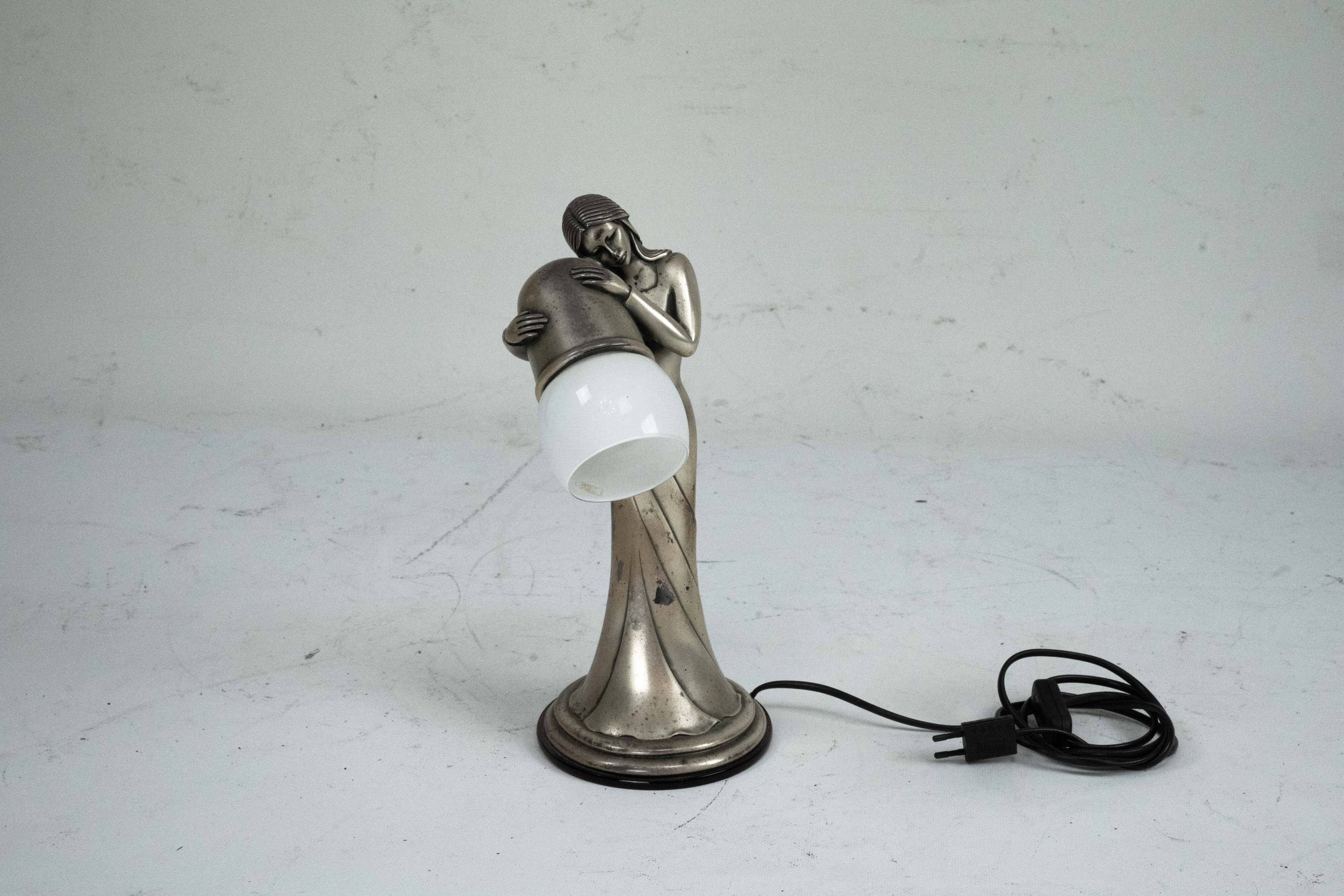 Silver Vermeil Figural Table Lamp with Opaline Glass. Italy 1960s