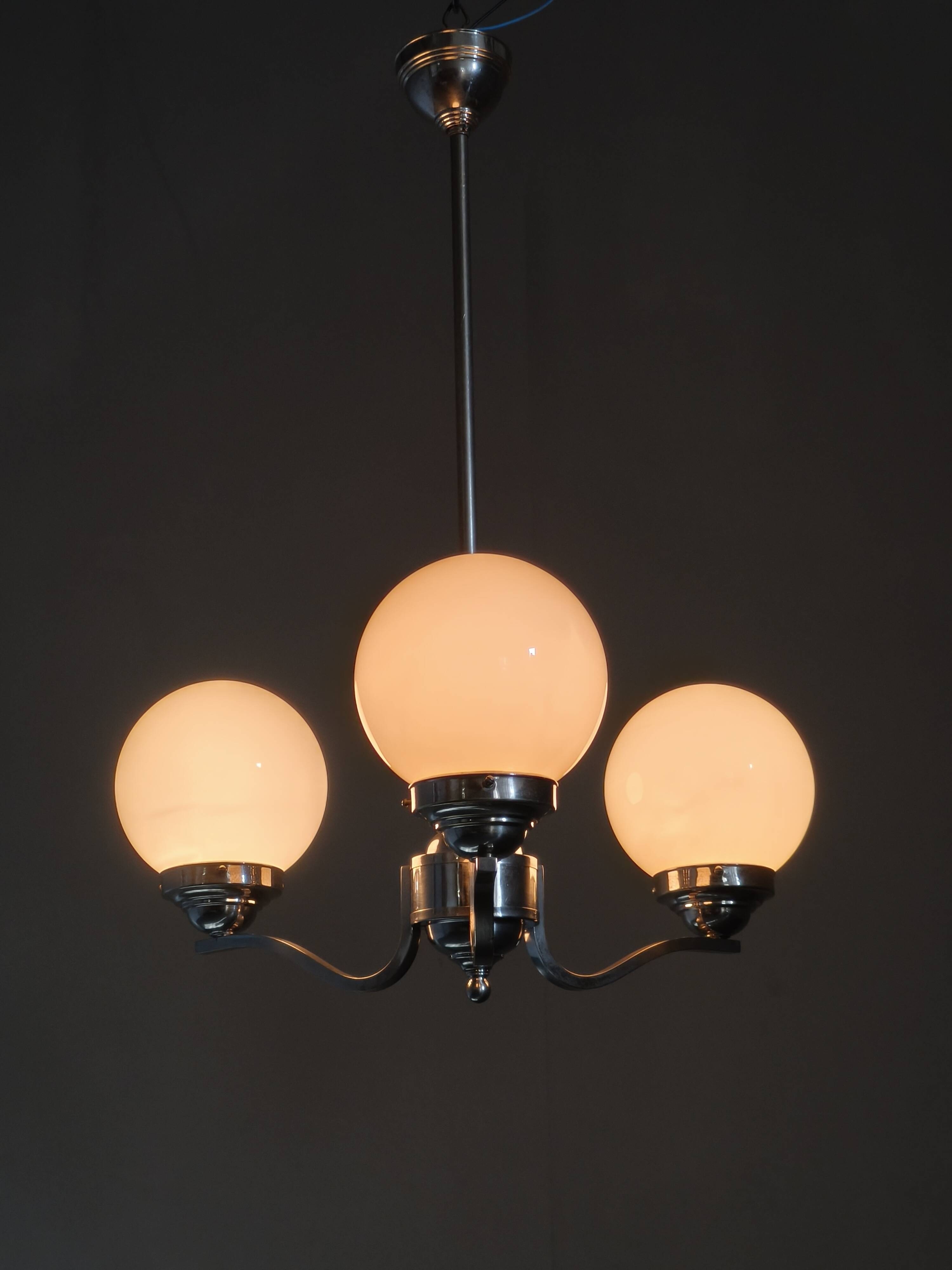 1930s Art Deco Nickel and Glass Chandelier, Czechoslovakia