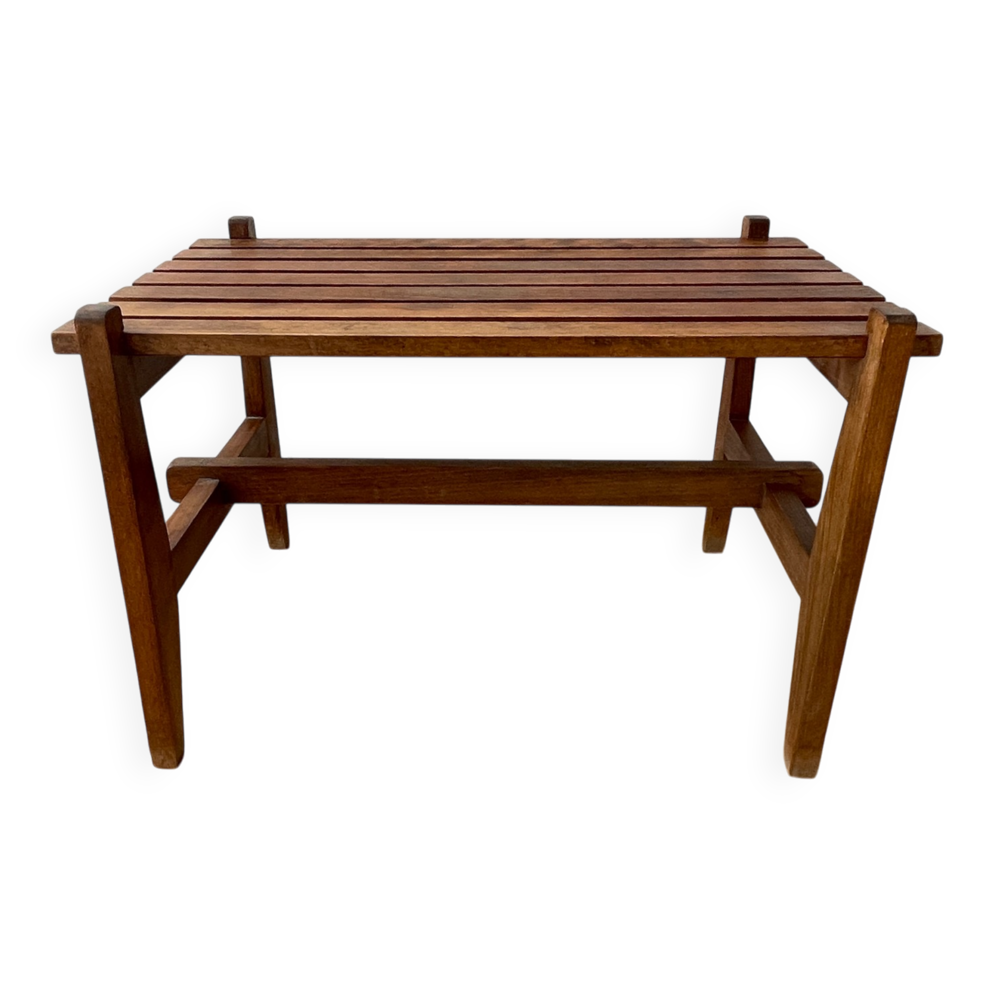 Small modernist wooden bench with vintage slats.
