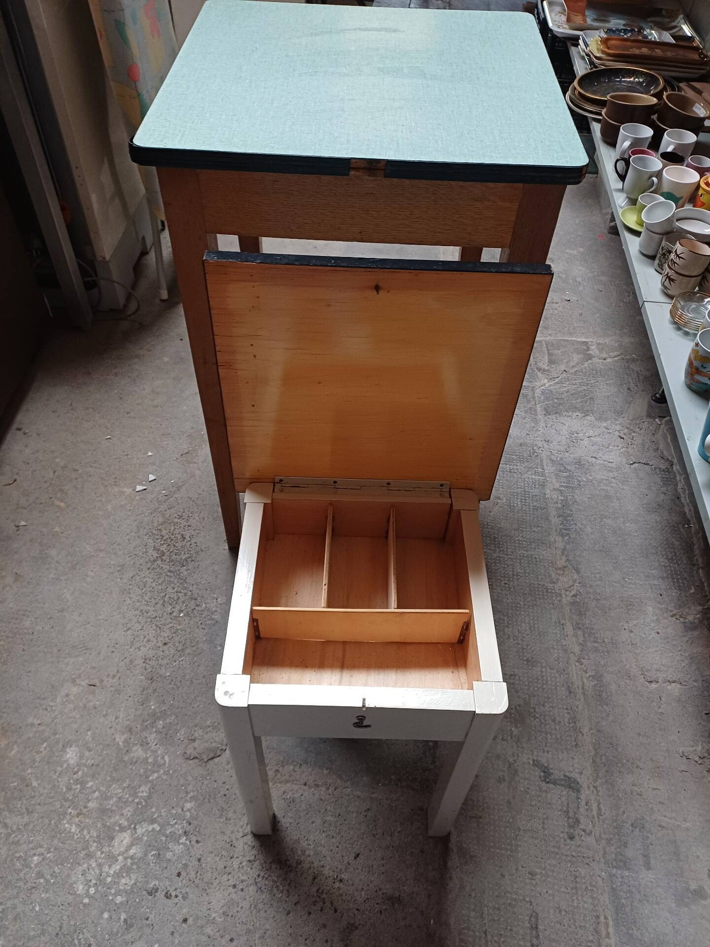 Formica table with tapered wooden legs + stool