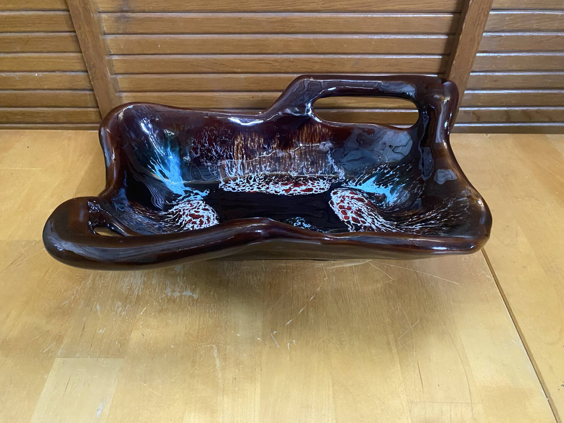 Coupe Centre De Table VALLAURIS Céramique Marron & Bleu Vintage #E172