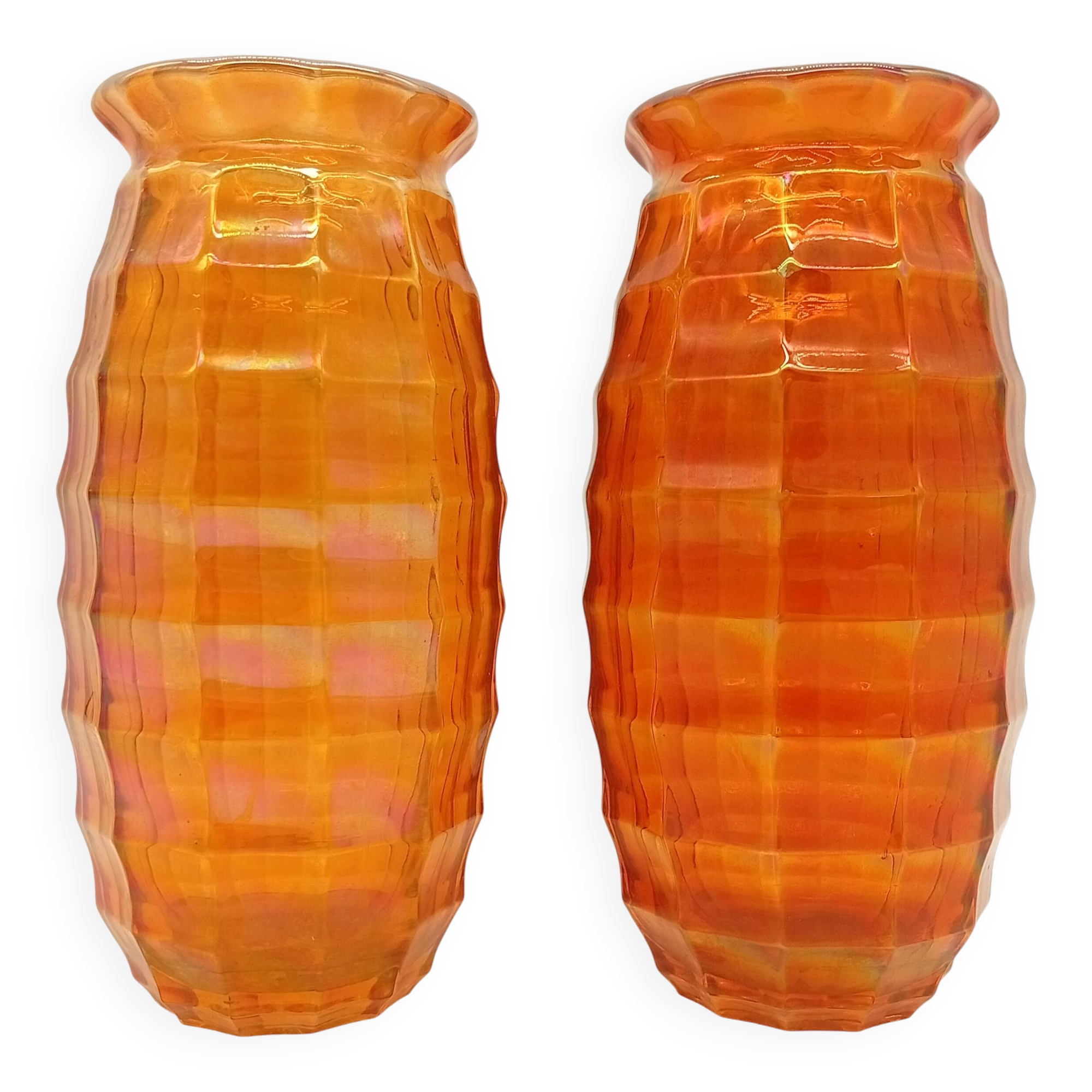 Paire Vases Art Déco Josef Invald Carnival Marigold Orange Irisé Jacobean