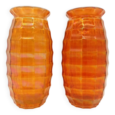 Paire Vases Art Déco Josef Invald Carnival Marigold Orange Irisé Jacobean