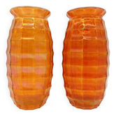 Paire Vases Art Déco Josef Invald Carnival Marigold Orange Irisé Jacobean
