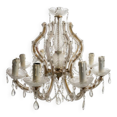Lustre ancien cristal 8 lumieres pendeloques gouttes -