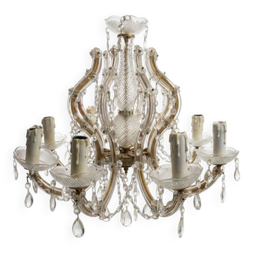 Lustre ancien cristal 8 lumieres pendeloques gouttes -