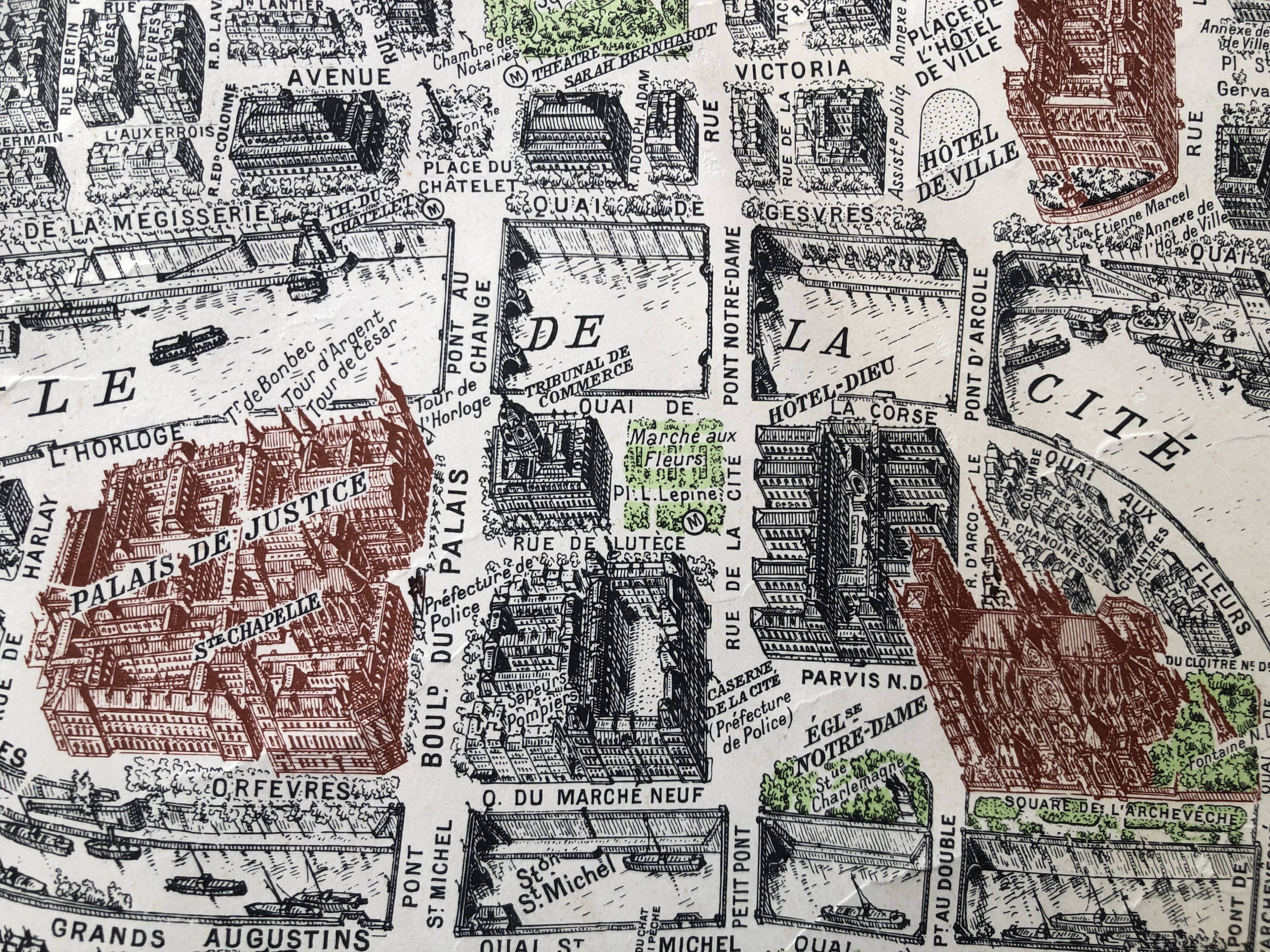1959 map view of the center of paris from a bird's eye, n° 63 blondel la rougery, tourism commission