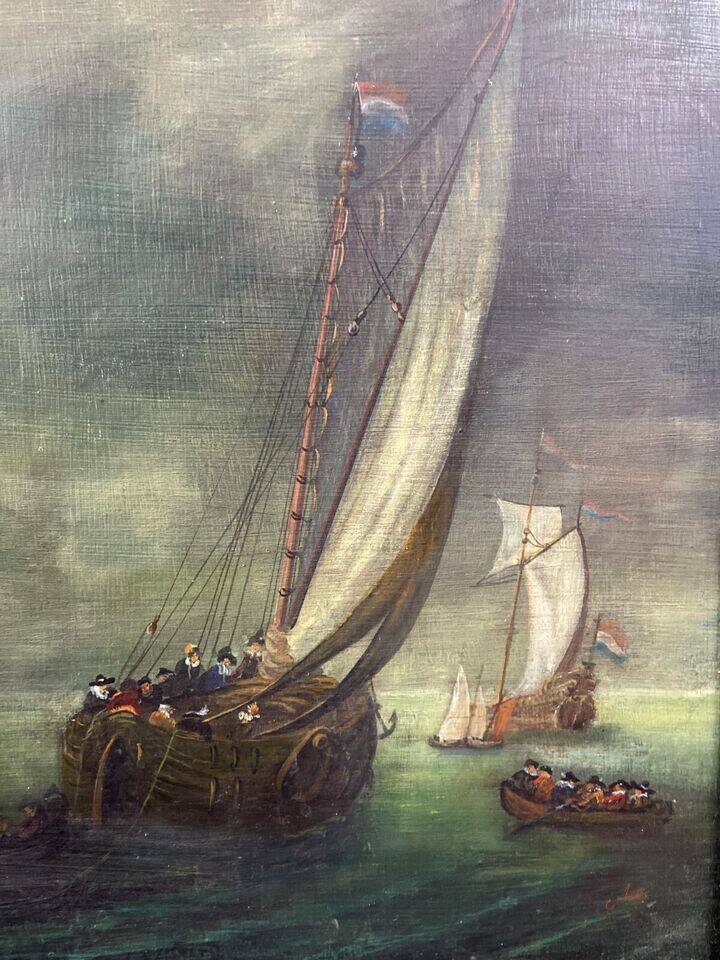 Tableau huile sur panneau Ecole hollandaise Marine monogrammée