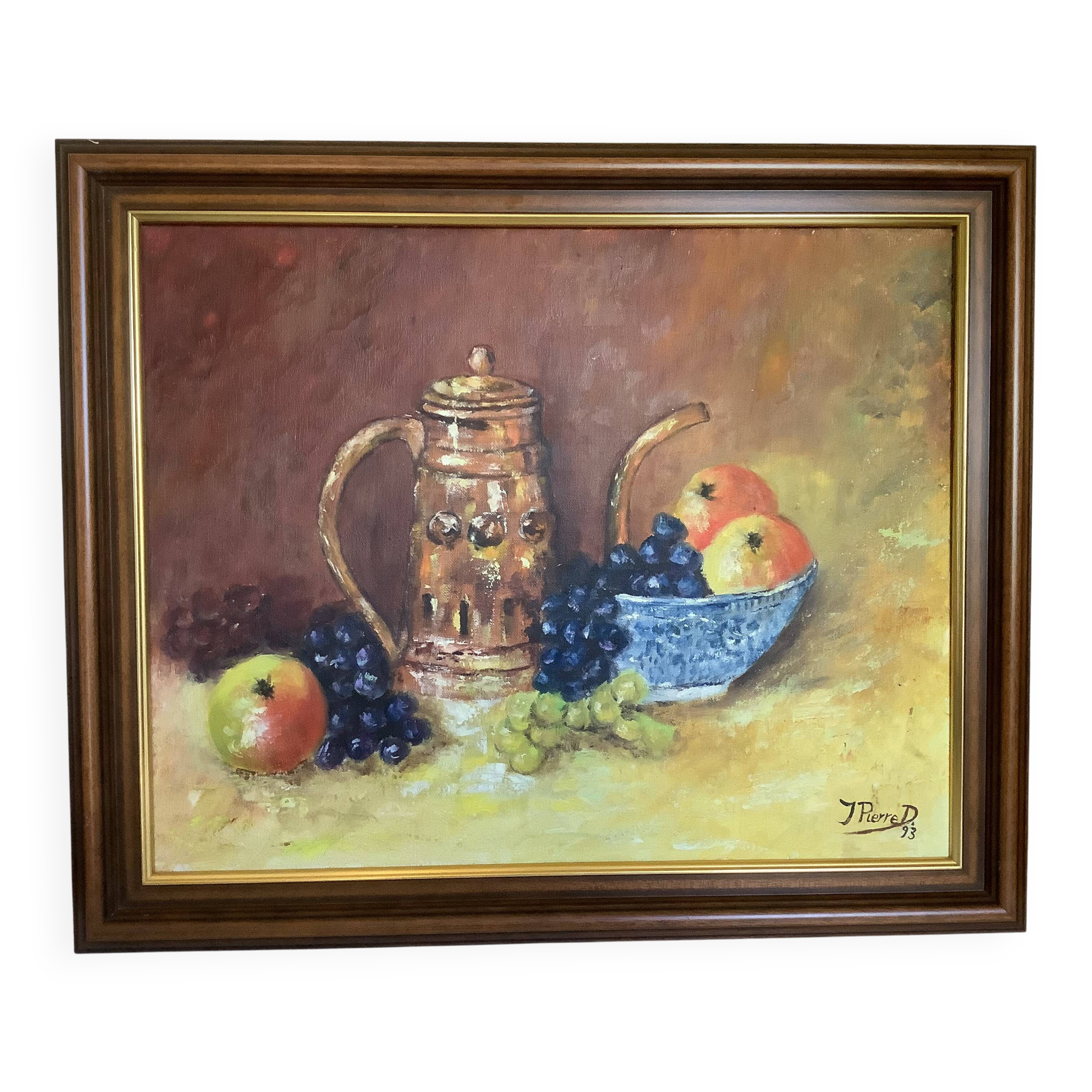 Still life painting with dedication, oil on canvas, signed