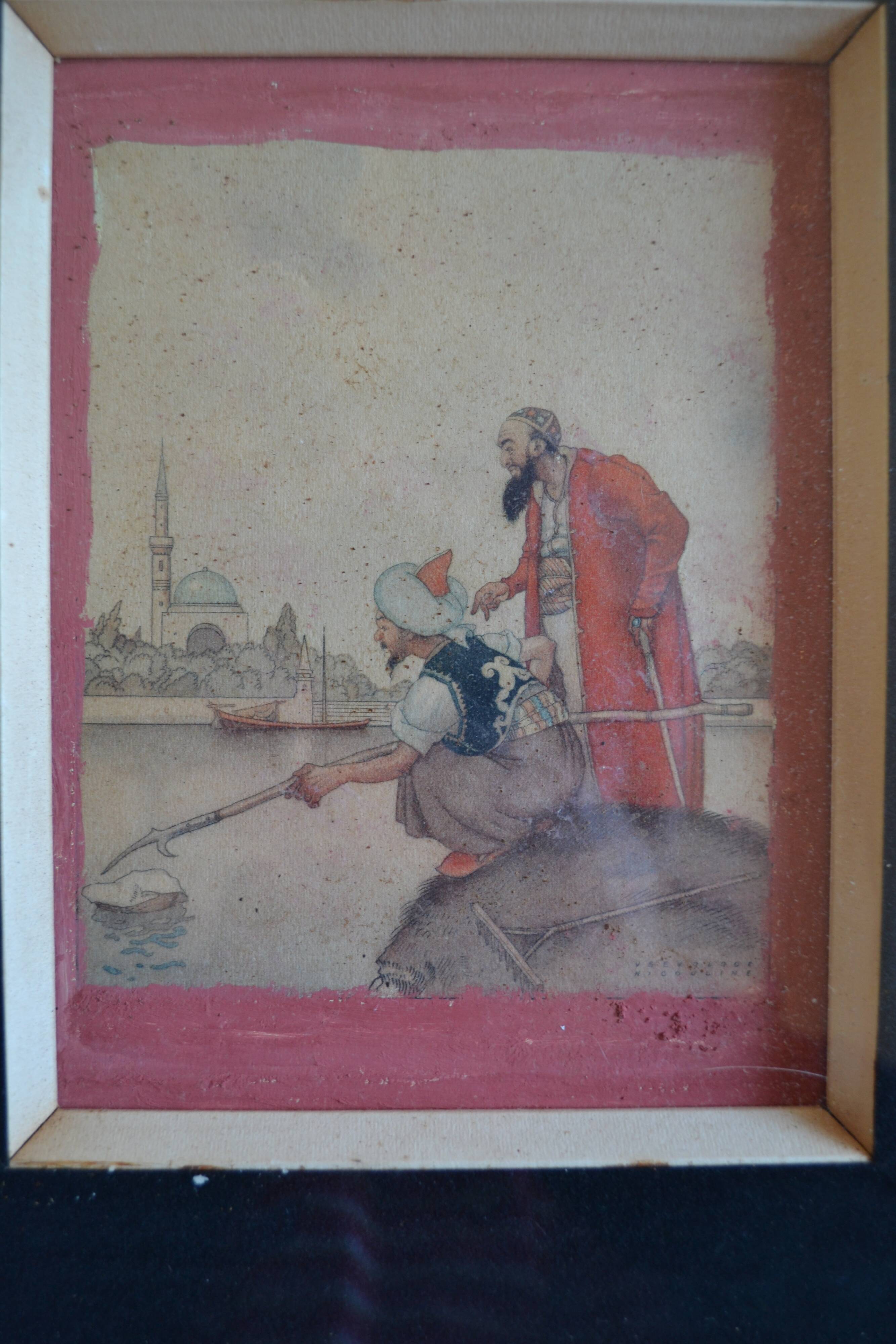 Orientalist watercolor print framed and under glass