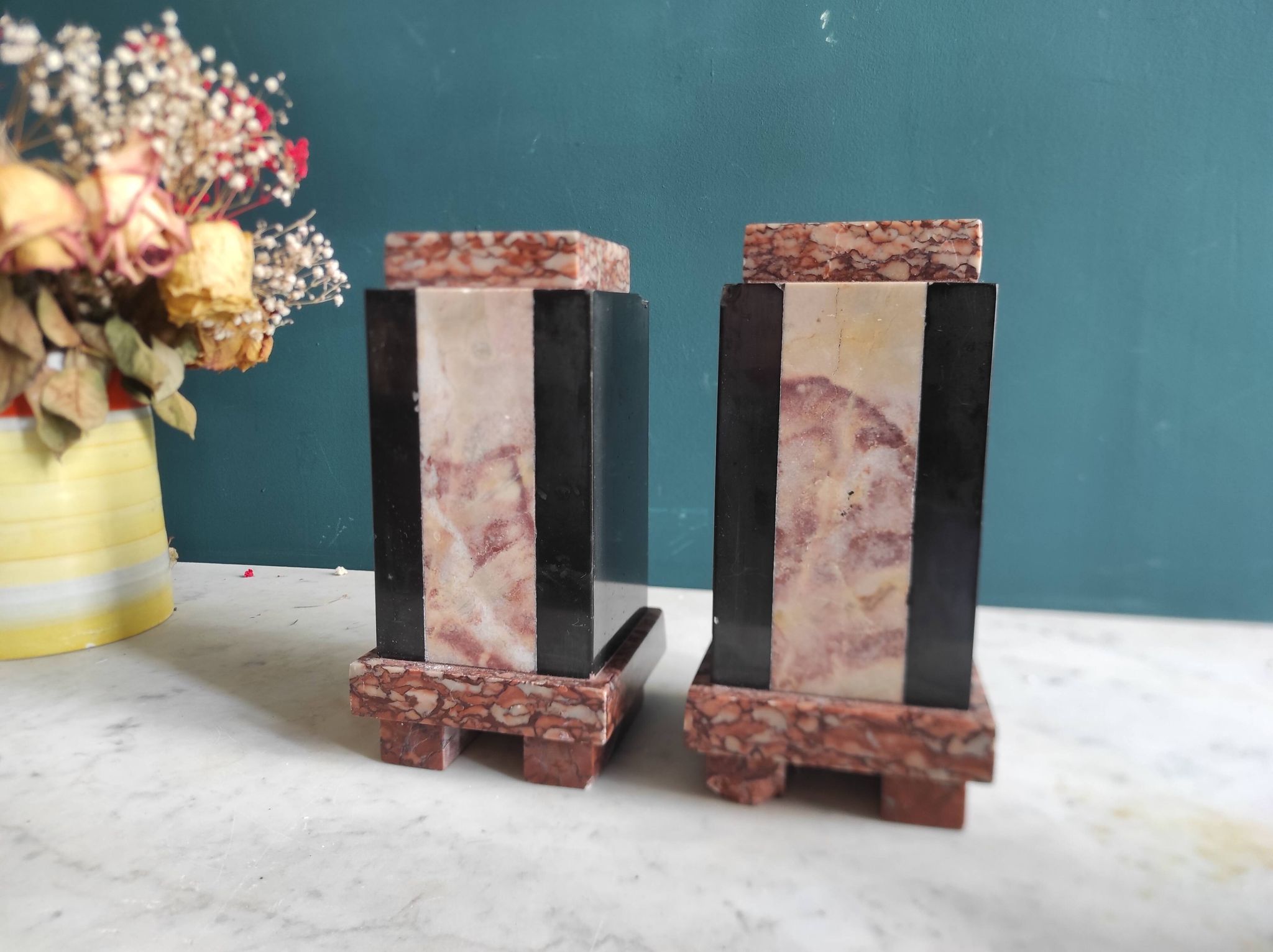 Pair of French vintage marble bookends, art Deco