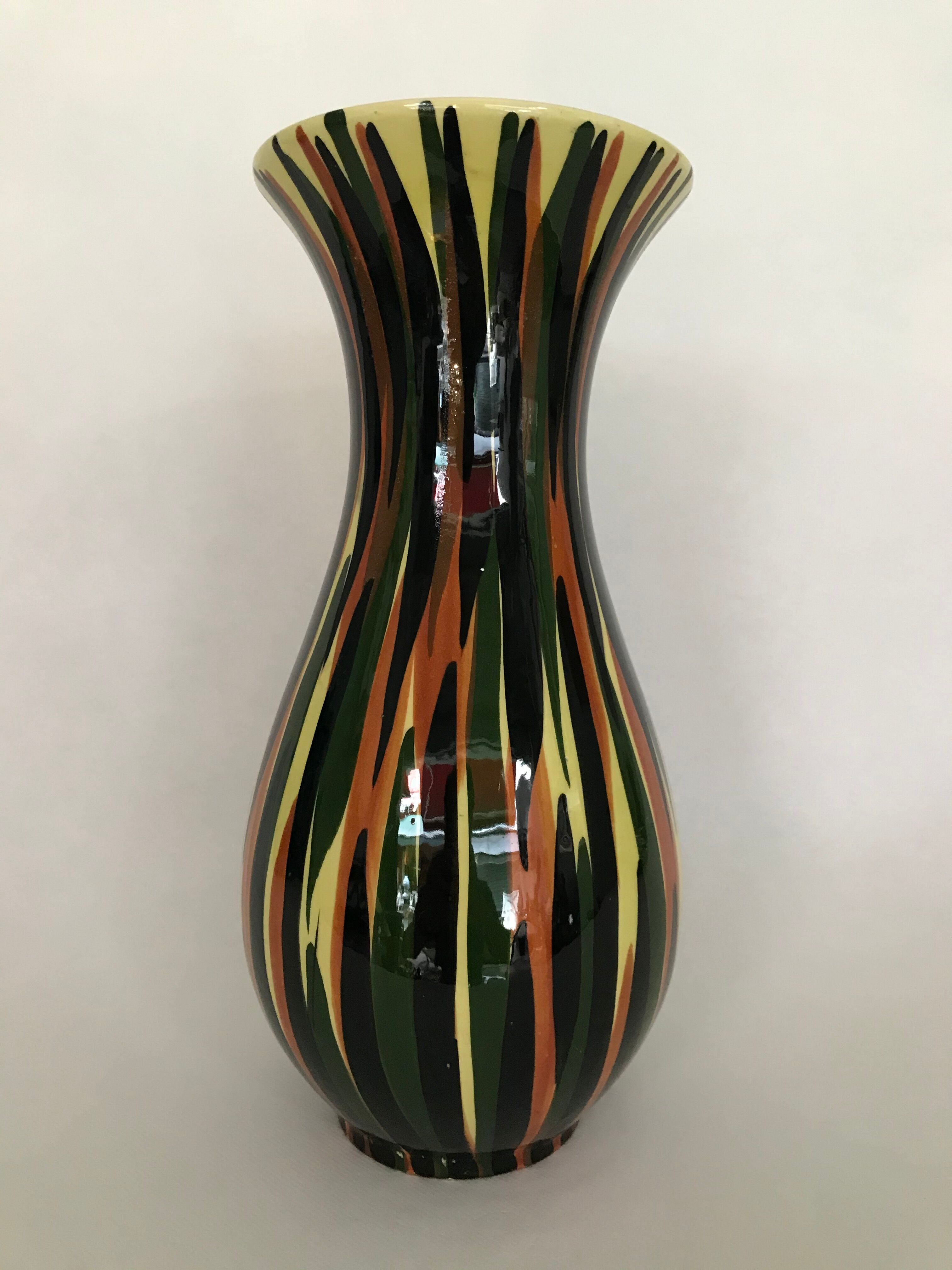 Saint Clement's diabolo vase, decorated with hand-painted polychrome flames, numbered 1950/1960