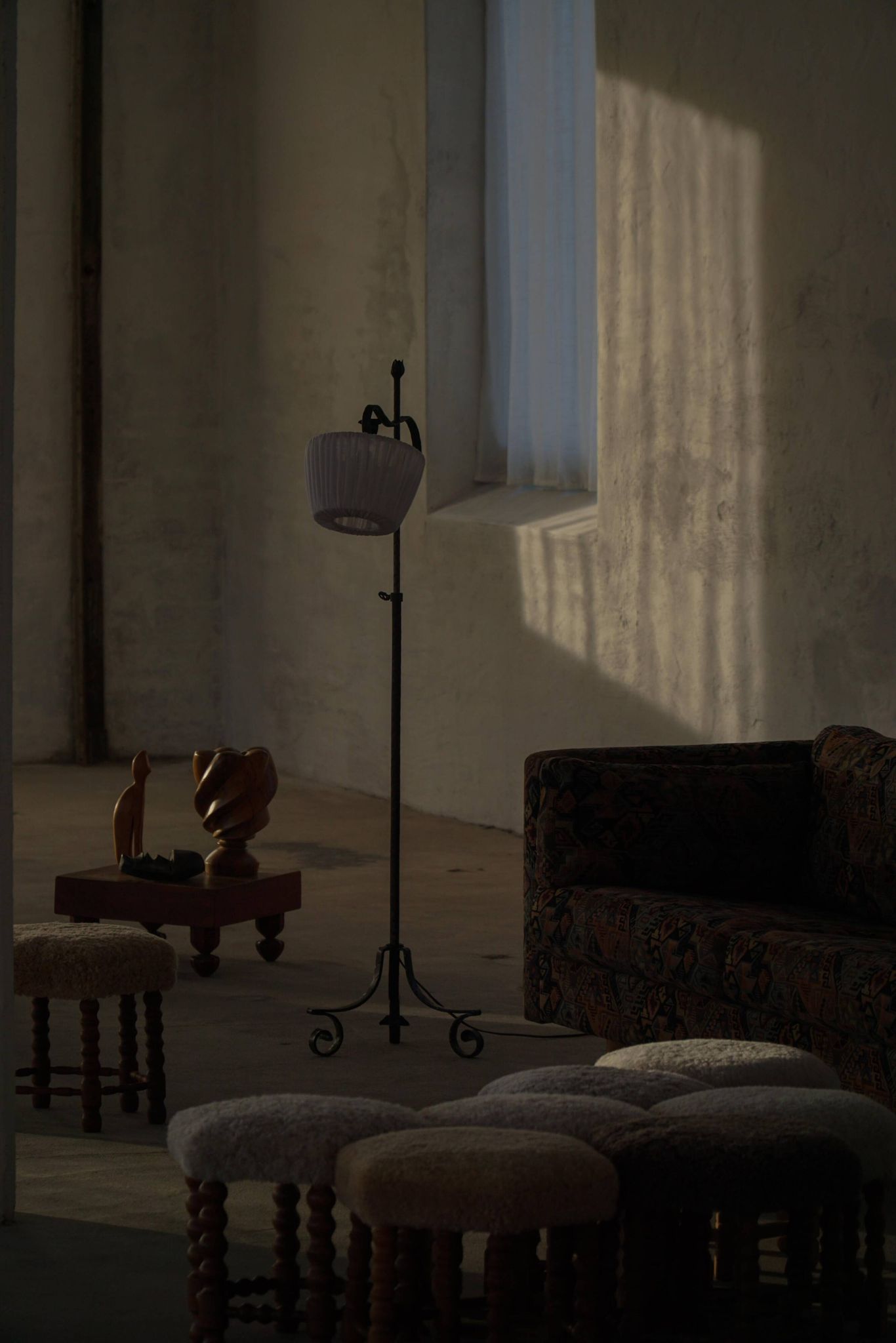 20th-century wrought iron floor lamp with swirling detail, Danish Art Deco.