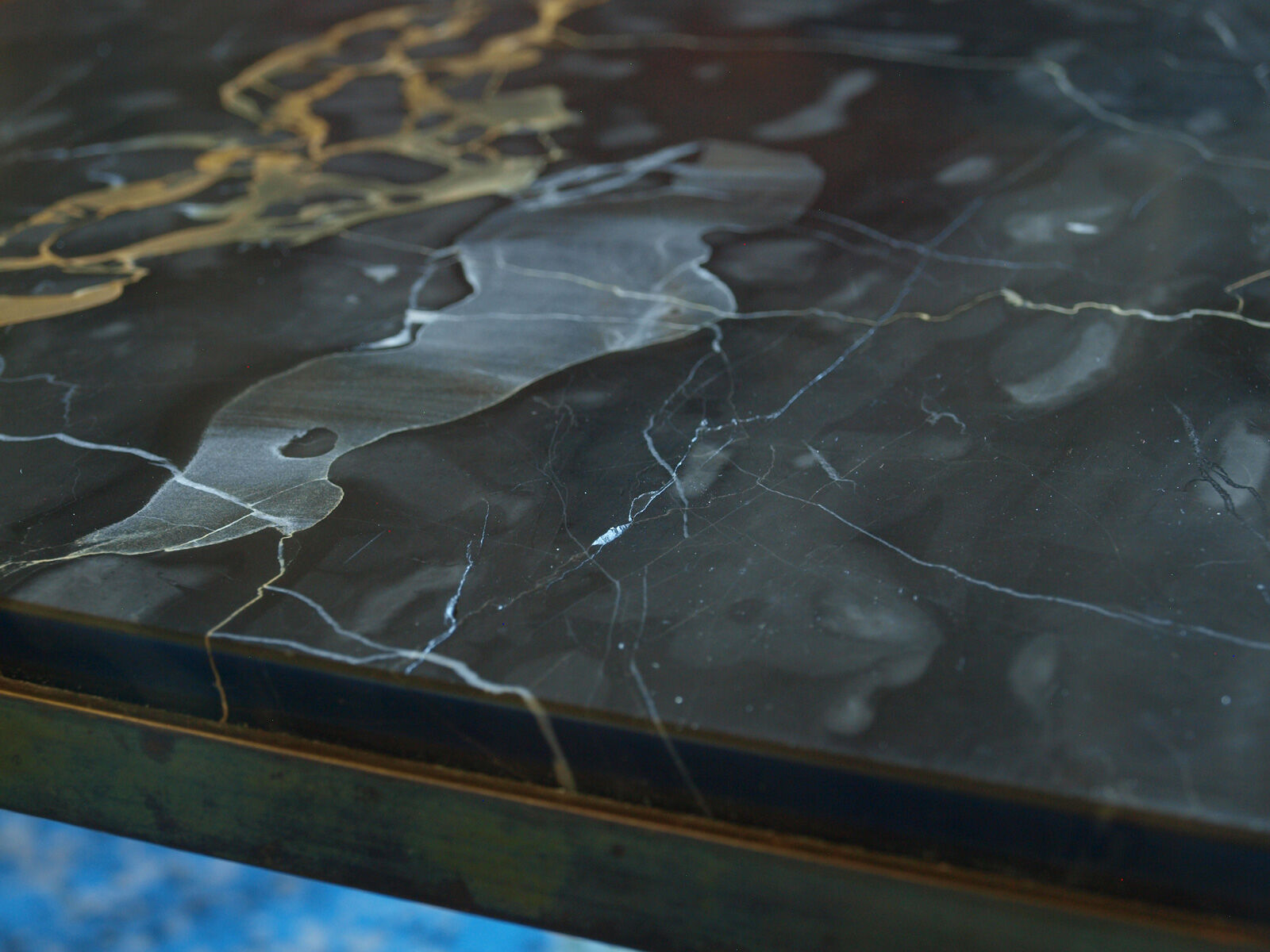 Table low neo classic bronze brass and Portoro marble