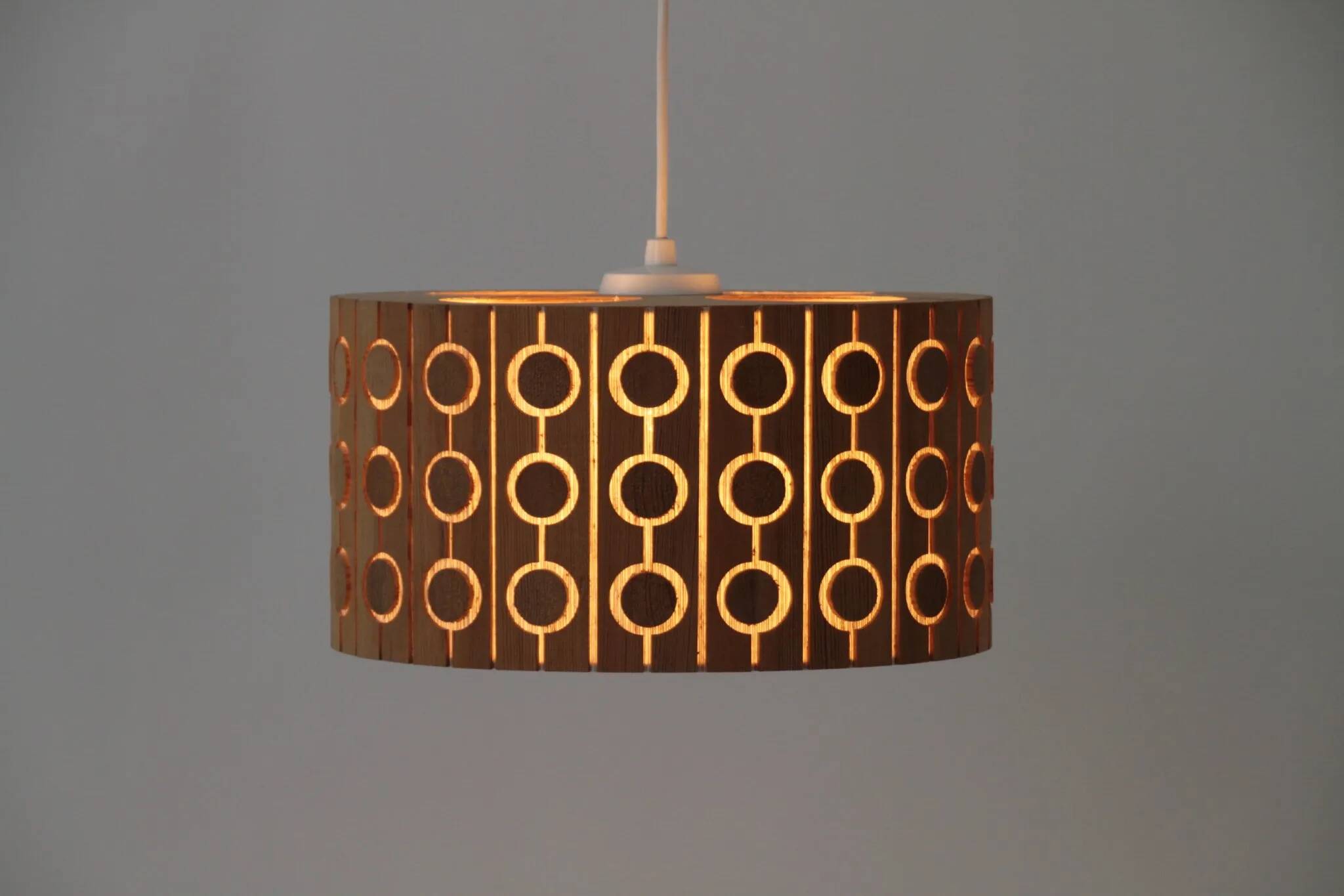 Pine Pendant Lamp – Cylindrical with Circle Pattern, Scandinavia – 1960s/1970s
