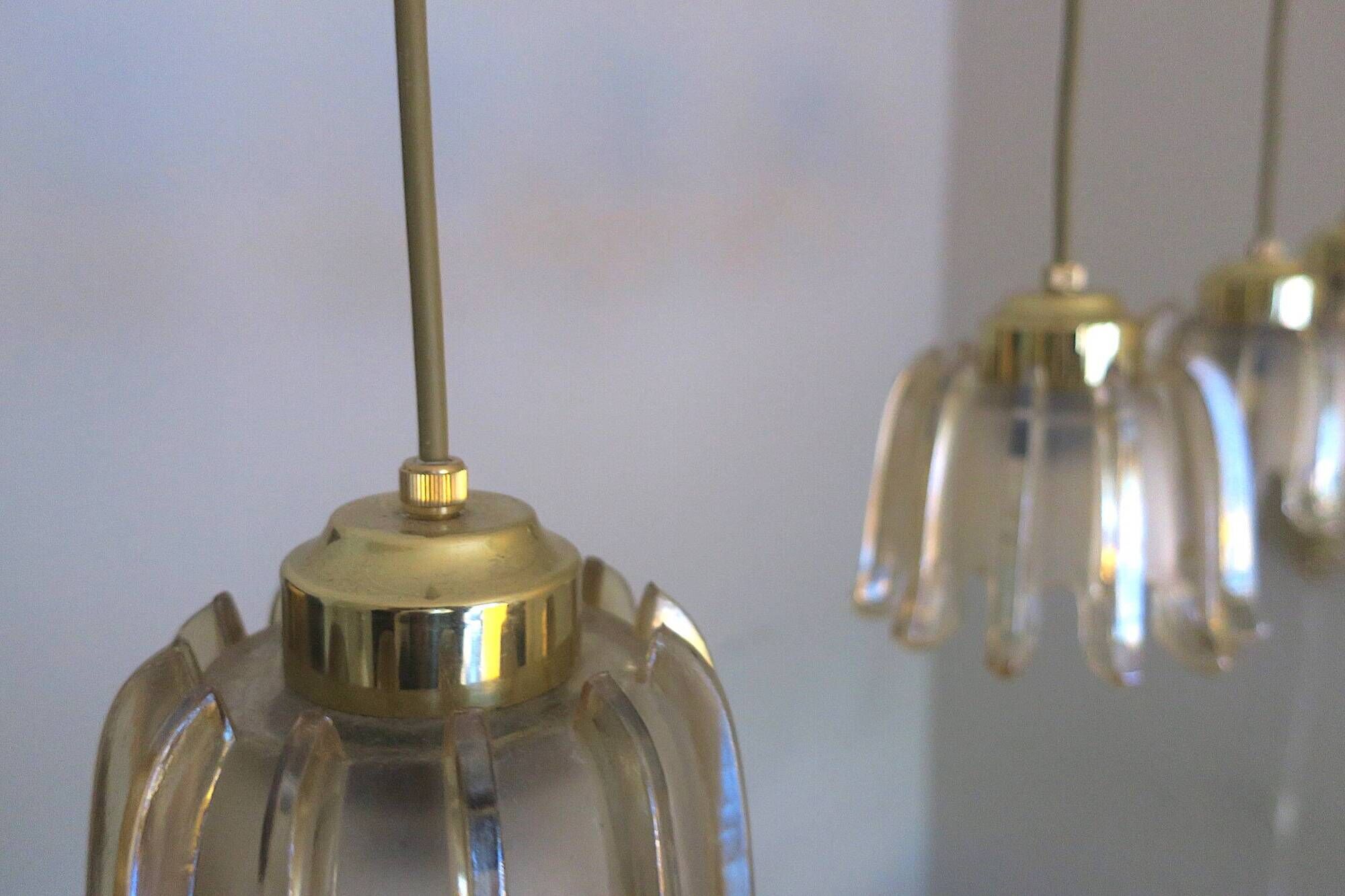 Set of 5 Doria  pendant lights in brass and amber-coloured glass, 1960s