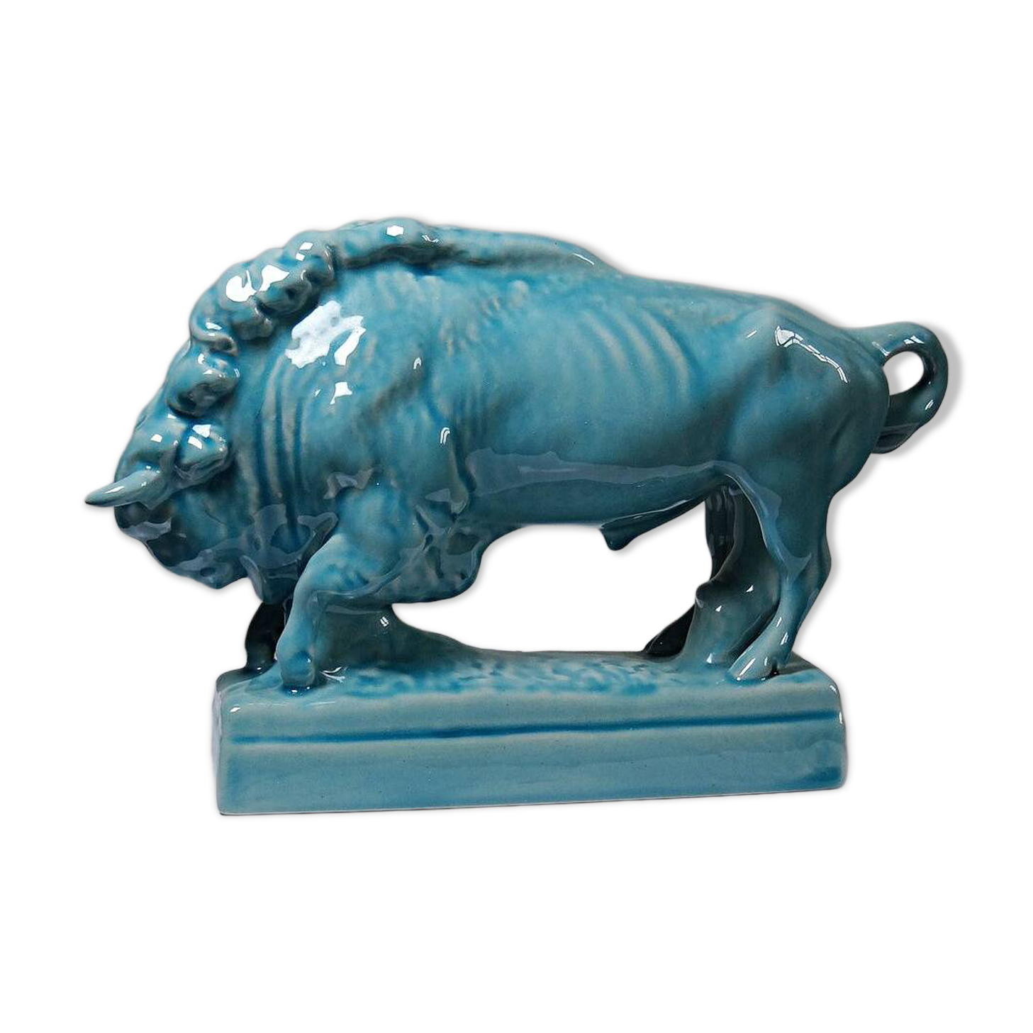 Bison Zsolnay in turquoise glazed earthenware, Hungary, 1940s-50s.