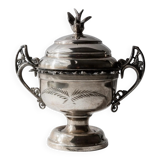 Vintage 1930s silver-plated footed bowl with lid by Warren Rogers New York, featuring a bird motif and ornate details.