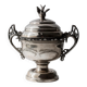 Vintage 1930s silver-plated footed bowl with lid by Warren Rogers New York, featuring a bird motif and ornate details.