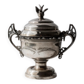 Coupe sur pied vintage des années 1930 en métal argenté avec couvercle par Warren Rogers New York, motif oiseau et détails ornés
